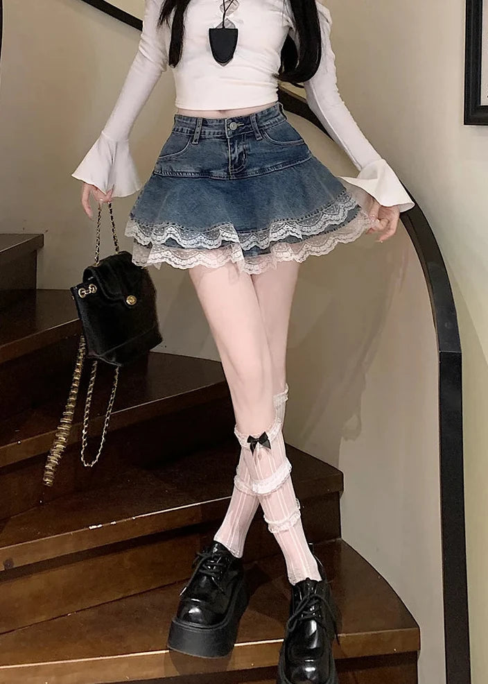 Denim Retro Hight Waist Pleated A Line Mini Skirt — vista posteriore