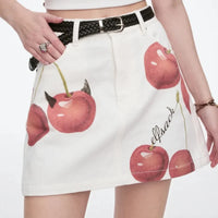Devils Cherry Print A Line Denim Mini Skirt — vista frontale