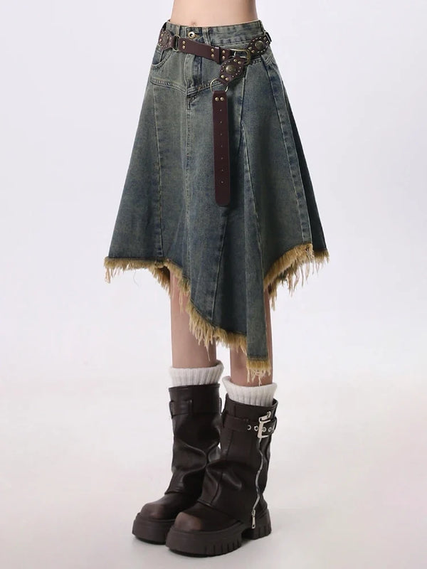 Y2K Distressed Hem Irregular A Line Midi Skirt Denim