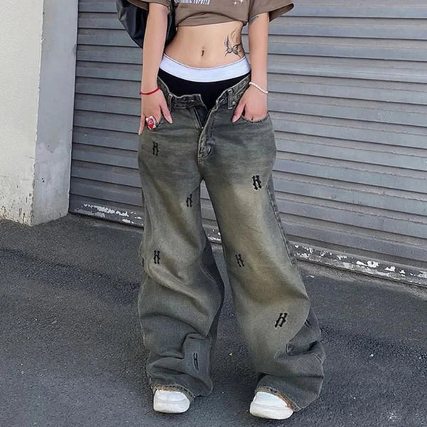 Distressed Low Waist Print Baggy Jeans — vista frontale