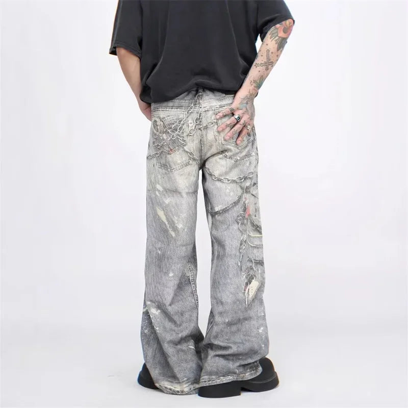 Distressed Printed Baggy Boot Cut Jeans — dettaglio