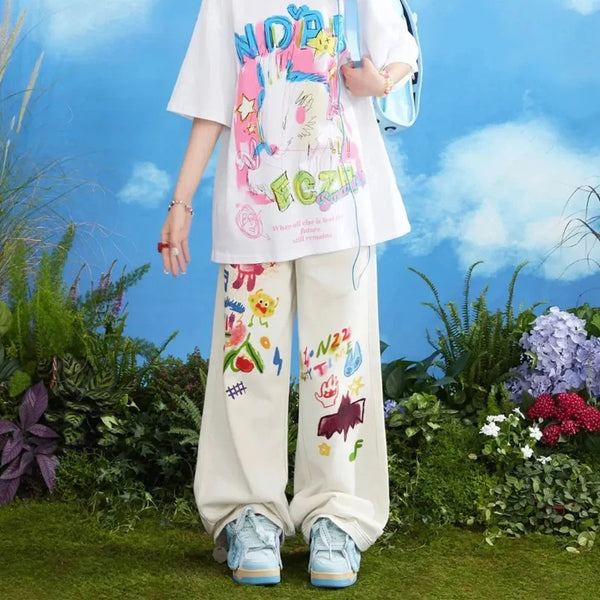 Y2K Doodle Graphic Wide Leg Chic Baggy Jeans
