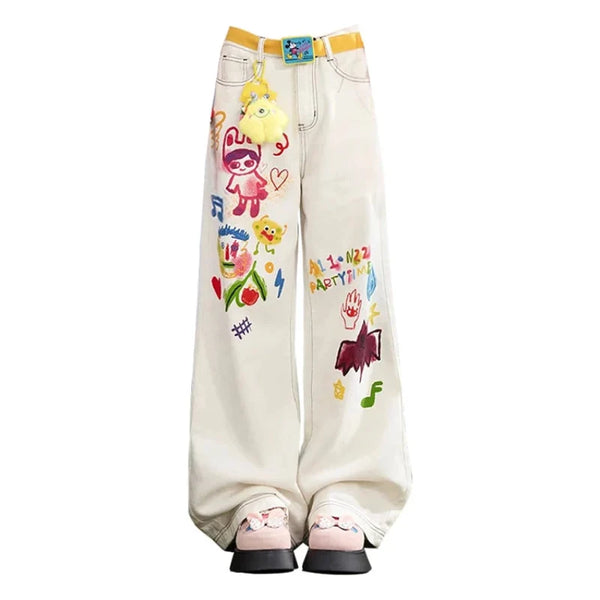 Doodle Graphic Wide Leg Chic Baggy Jeans — vista frontale