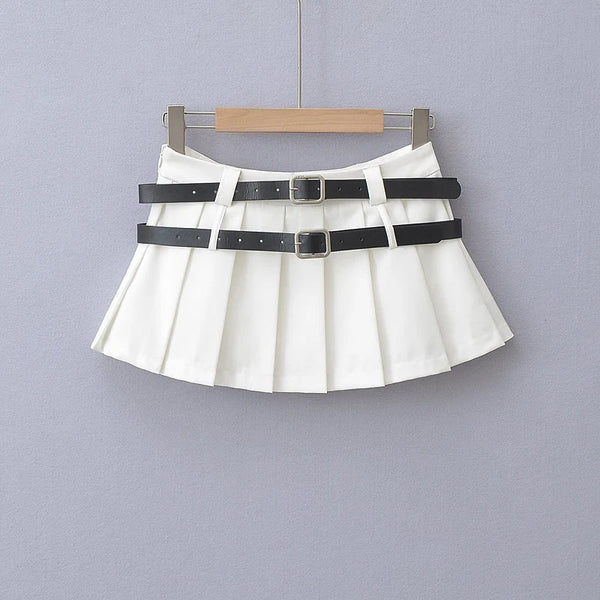 Double Belt Pleated Mini Skirt — vista frontale
