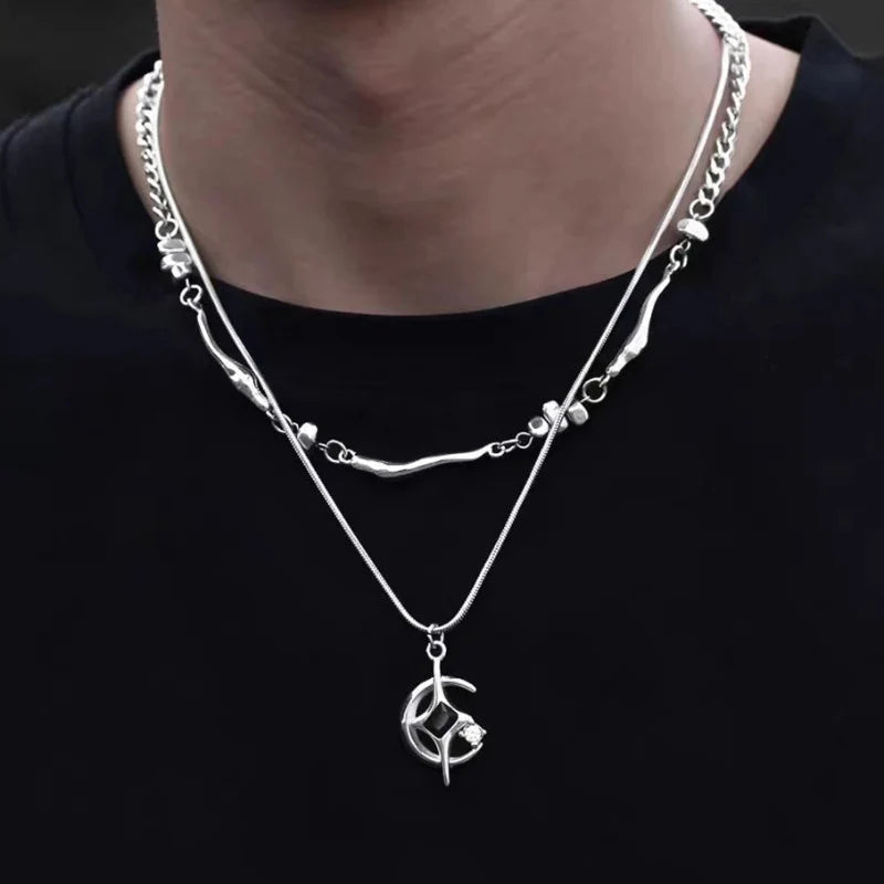 Double Layer Moon And Star Black Pearl Necklace — vista frontale