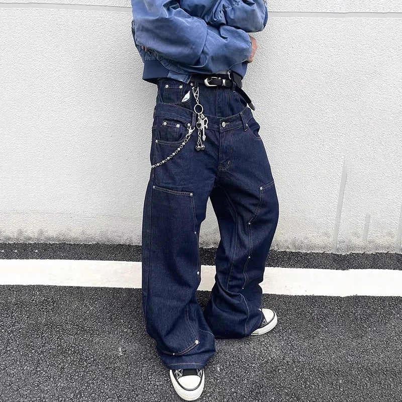 Double Waistband Rivet Straight Leg Jeans — dettaglio