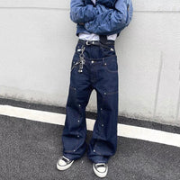 Double Waistband Rivet Straight Leg Jeans — vista frontale