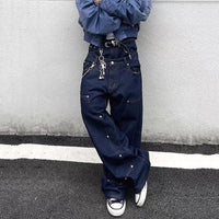 Double Waistband Rivet Straight Leg Jeans — vista posteriore