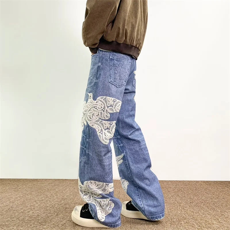 "Dove Of Peace" Embroidered Baggy Denim Jeans — in alternativa