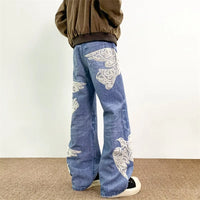 "Dove Of Peace" Embroidered Baggy Denim Jeans — vista laterale