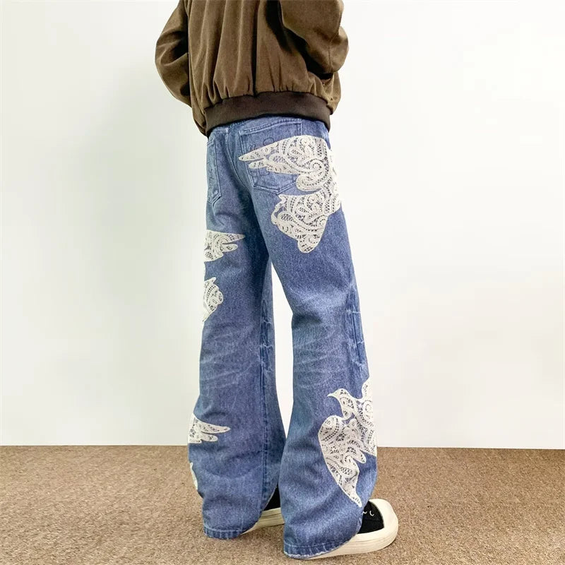 "Dove Of Peace" Embroidered Baggy Denim Jeans — vista laterale
