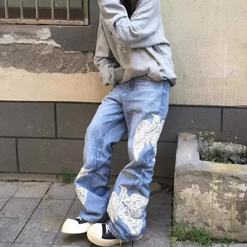 "Dove Of Peace" Embroidered Baggy Denim Jeans — dettaglio del tessuto