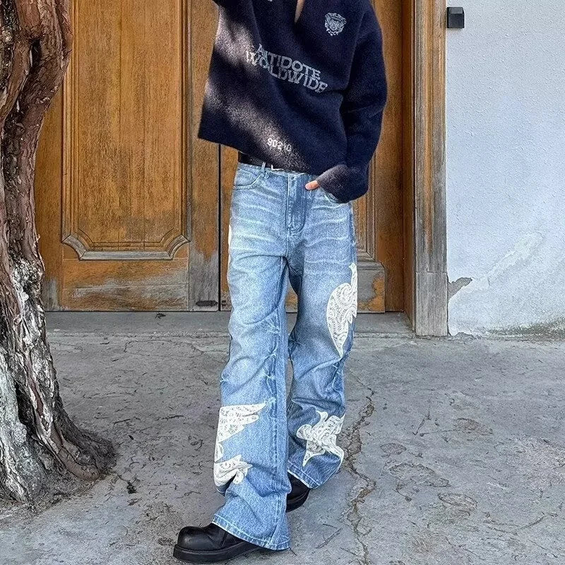 "Dove Of Peace" Embroidered Baggy Denim Jeans — vista completa