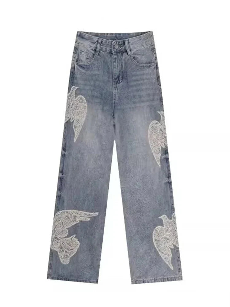 "Dove Of Peace" Embroidered Baggy Denim Jeans — vista frontale