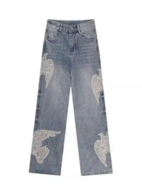 "Dove Of Peace" Embroidered Baggy Denim Jeans — vista frontale