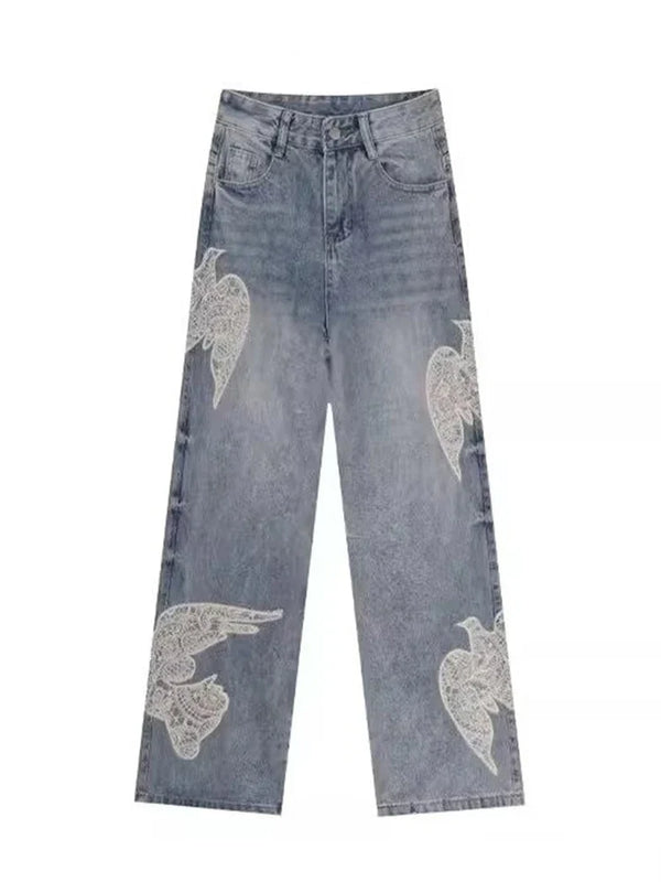 "Dove Of Peace" Embroidered Baggy Denim Jeans — vista frontale