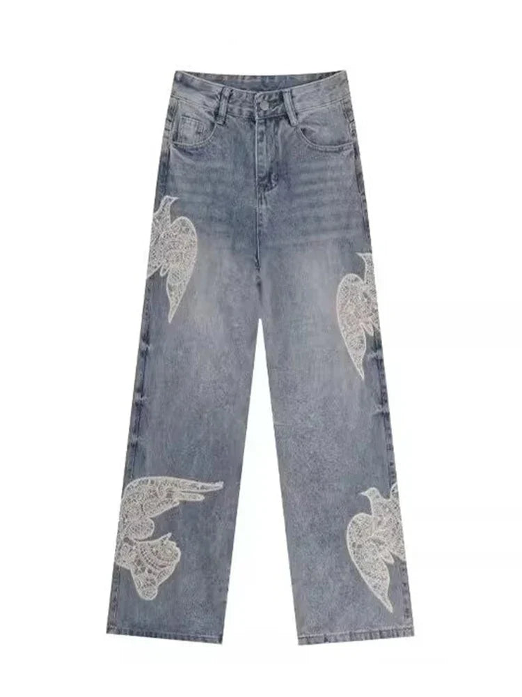 "Dove Of Peace" Embroidered Baggy Denim Jeans — vista frontale