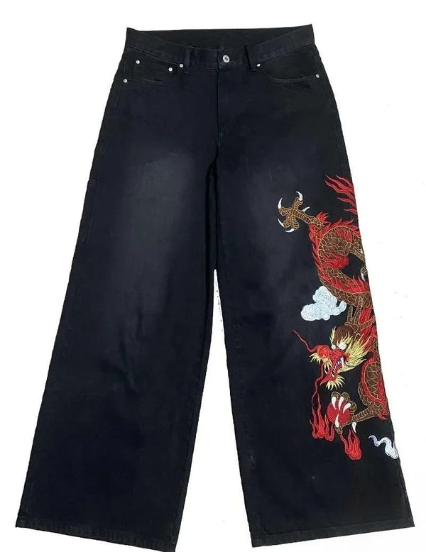 Dragon Graphic Baggy Embroidered Jeans — vista frontale