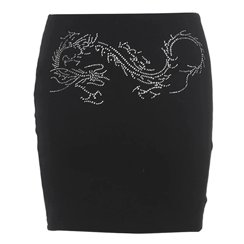 Dragon Rhinestone Dragon Black Mini Skirt — vista frontale