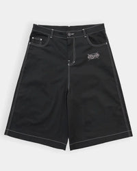 Embroidered Black Denim Shorts Jorts — vista laterale