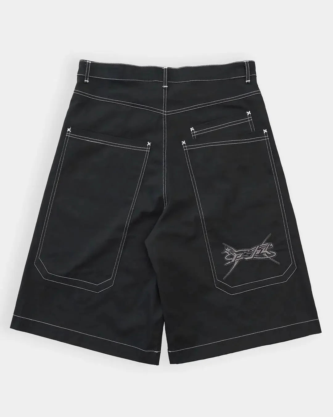 Embroidered Black Denim Shorts Jorts — vista frontale