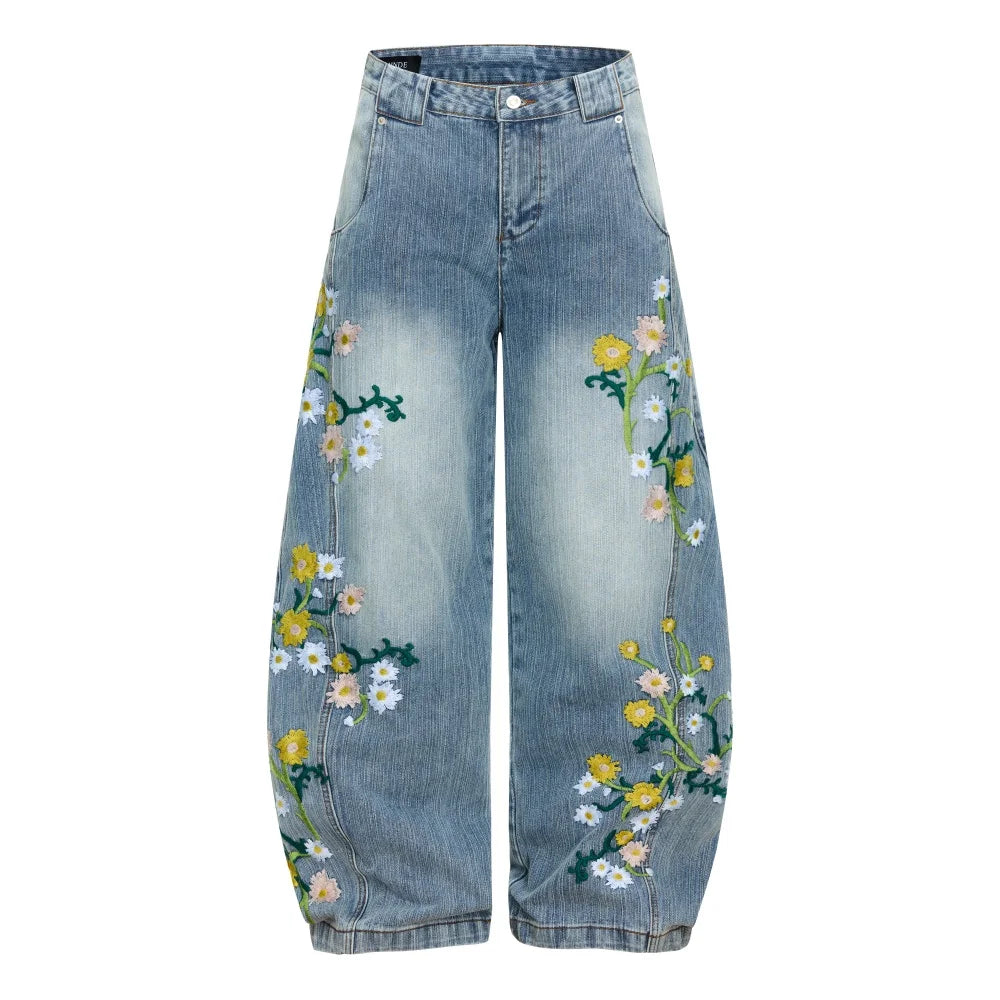 Embroidered Flower Baggy Denim Curved Barrel Jeans — vista frontale