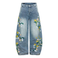 Embroidered Flower Baggy Denim Curved Barrel Jeans — vista frontale