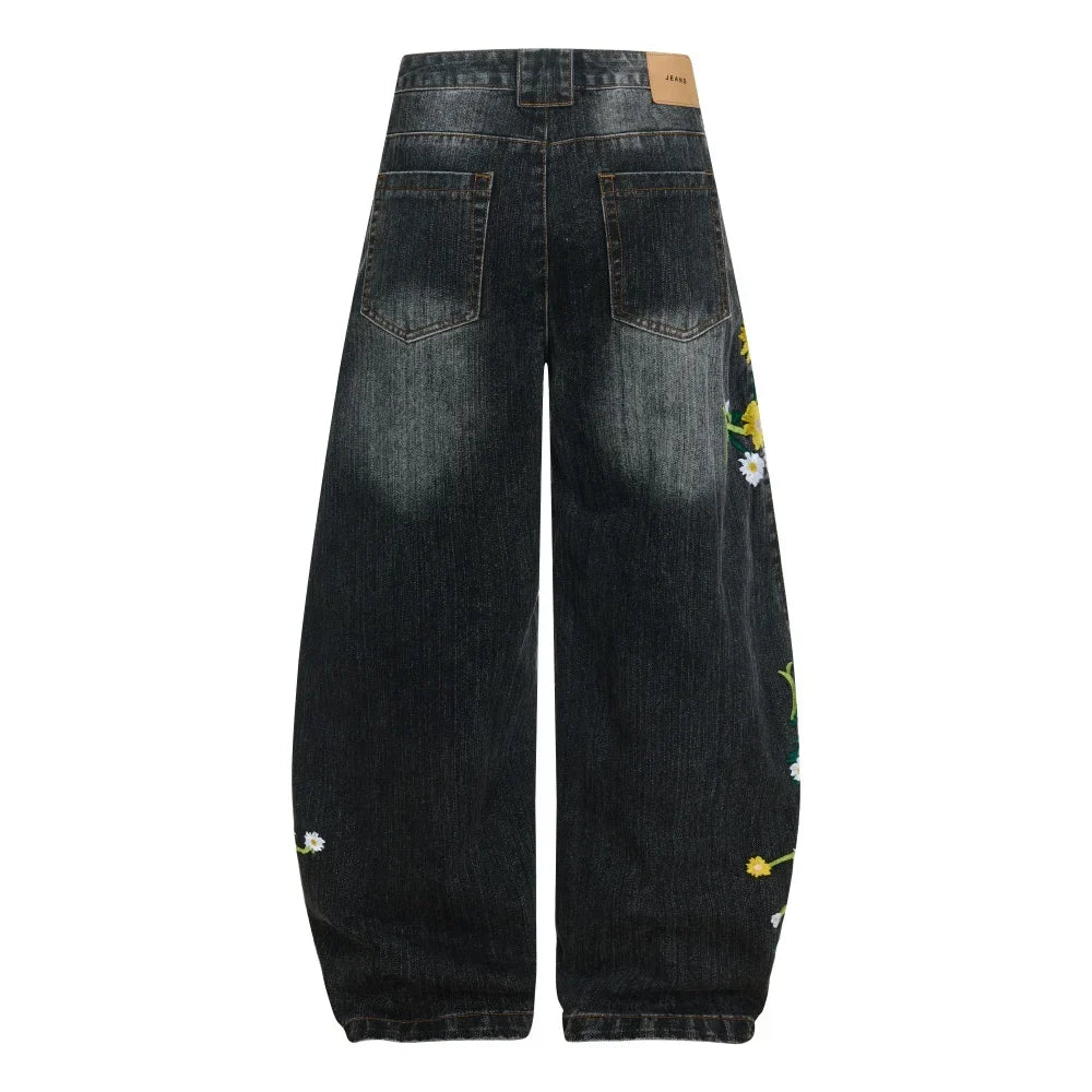 Embroidered Flower Baggy Denim Curved Barrel Jeans — dettaglio della stampa