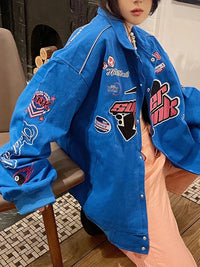 Embroidered Graphic Varsity Jacket — dettaglio del tessuto