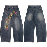 Embroidered Leopard Print Text Vintage Wash Baggy Jeans — vista frontale