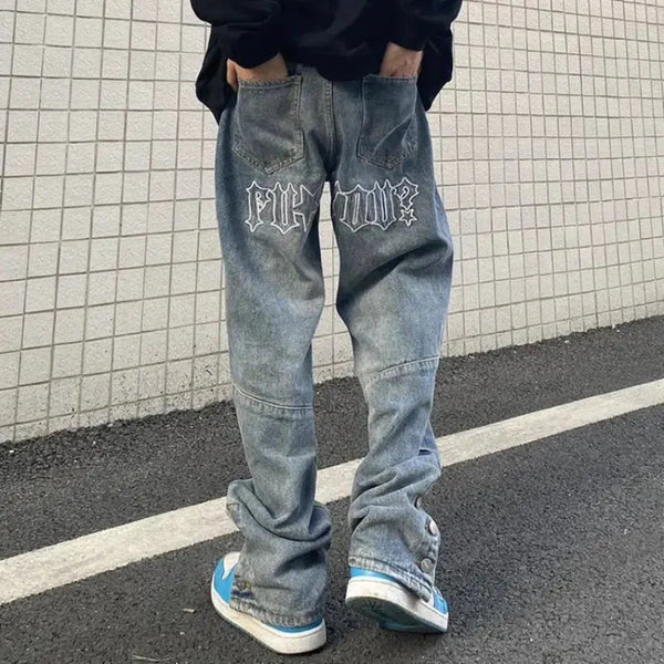 Y2K Embroidered Light Blue Baggy Jeans