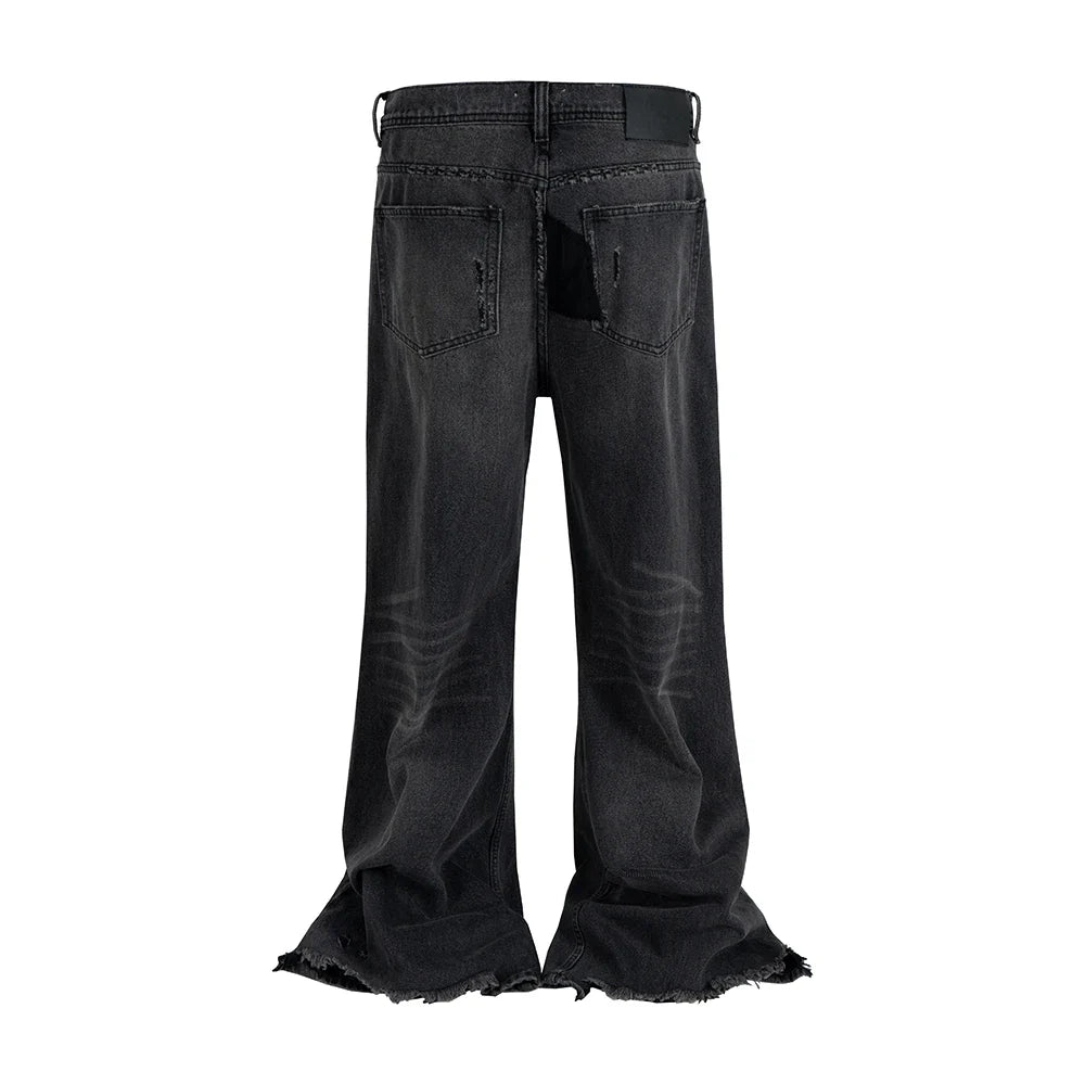 Embroidered Patchwork Distressed Baggy Black Denim Jeans — vista laterale