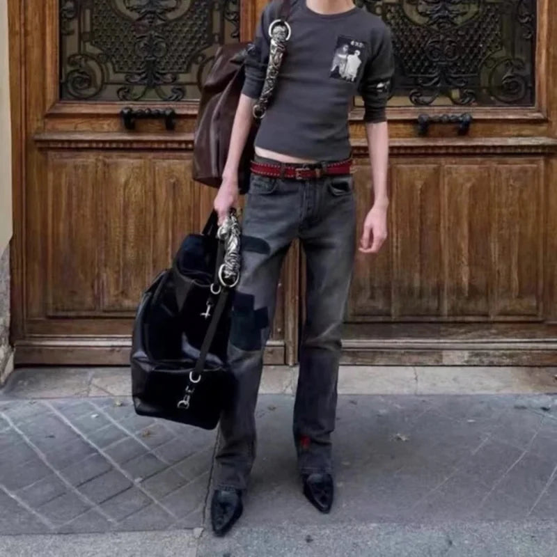Embroidered Patchwork Distressed Baggy Black Denim Jeans — in alternativa