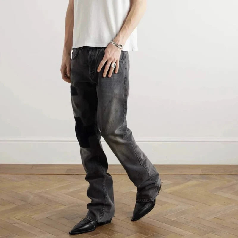 Embroidered Patchwork Distressed Baggy Black Denim Jeans — vista posteriore