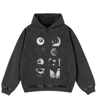 Eyes Eyes Eyes Graphic Washed Black Hoodie — vista frontale