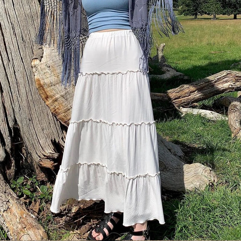 Fairycore Grunge Pleated Tiered Long Maxi Skirt — vista frontale