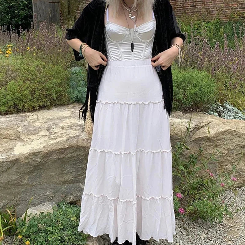 Fairycore Grunge Pleated Tiered Long Maxi Skirt — vista posteriore