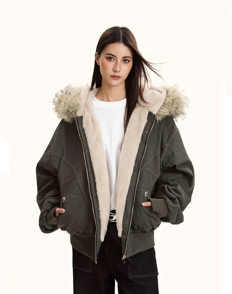 Faux Fur Collar Hooded Padded Parka Coat — vista frontale