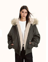 Faux Fur Collar Hooded Padded Parka Coat — vista frontale