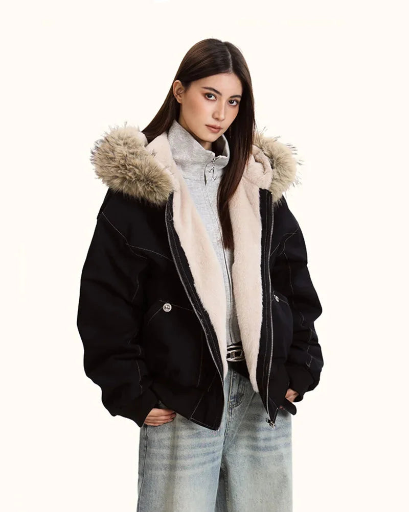 Faux Fur Collar Hooded Padded Parka Coat — vista posteriore