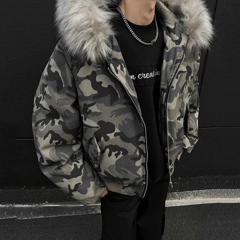 Faux Fur Lined Hood Arctic Camouflage Zip Up Jacket — dettaglio della stampa