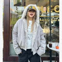 Faux Fur Outlined Hooded Zip Up Jacket Coat — dettaglio