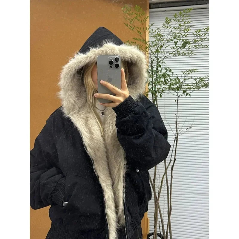 Faux Fur Outlined Hooded Zip Up Jacket Coat — vista laterale
