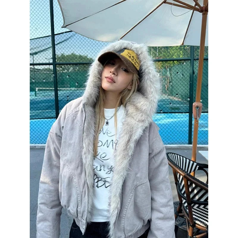 Faux Fur Outlined Hooded Zip Up Jacket Coat — vista posteriore
