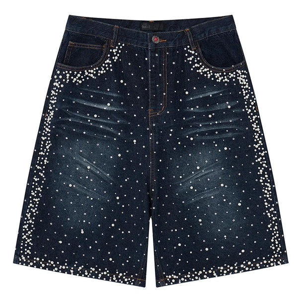 Faux Pearl and Rhinestone Denim Shorts Jorts — vista frontale