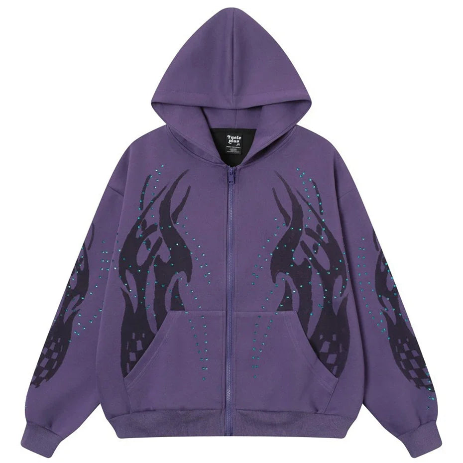 Fire Rhinestone Full Zip Up Hoodie — vista frontale