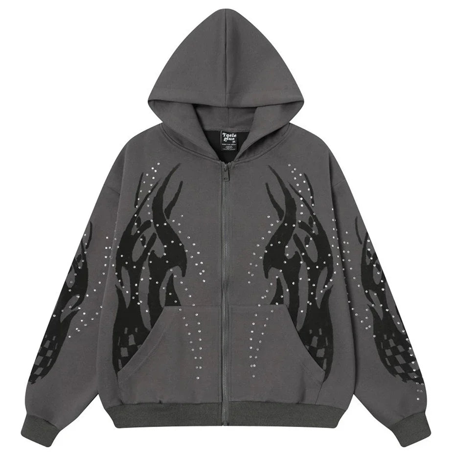 Fire Rhinestone Full Zip Up Hoodie — vista posteriore