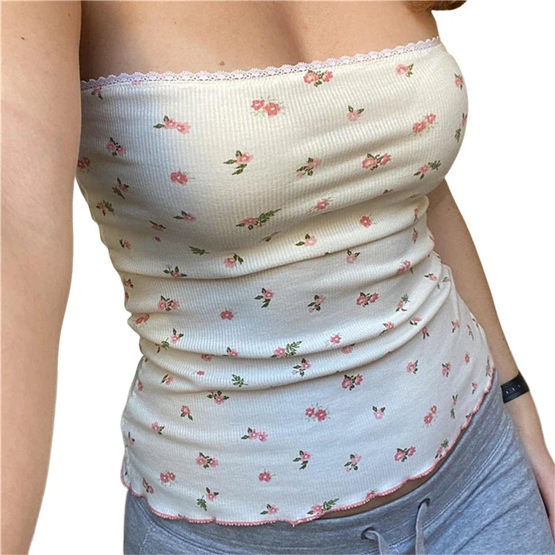 Floral Coquette Lace Trim Bandeau Tube Top — vista frontale