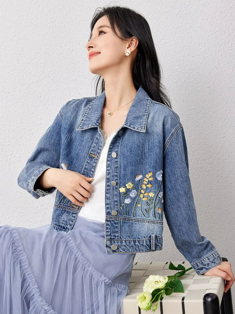 Floral Embroidered Denim Short Jacket — dettaglio