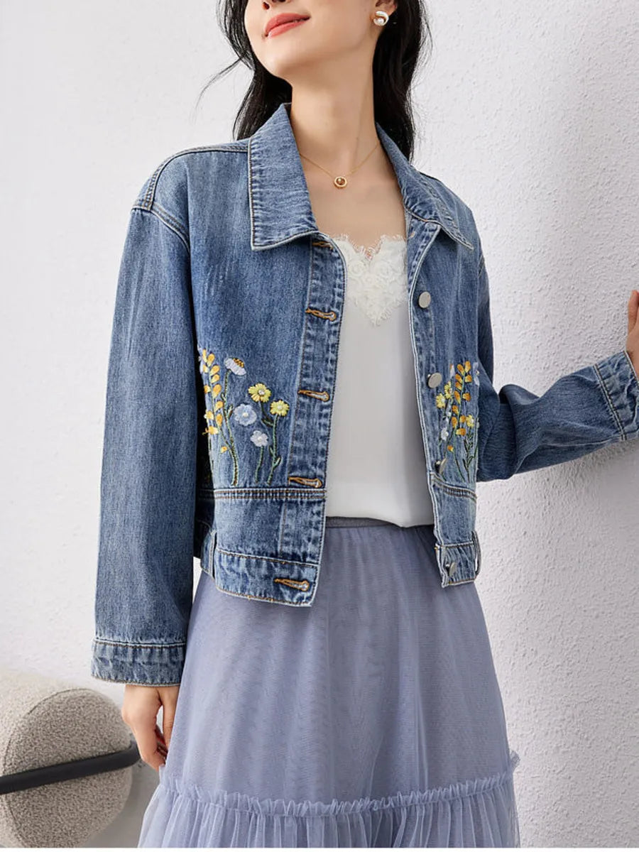 Floral Embroidered Denim Short Jacket — vista laterale